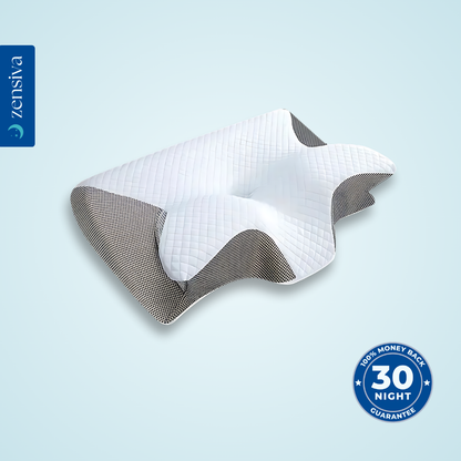 White and gray mesh Zensiva™ pillow with ergonomic contour and breathable cover.