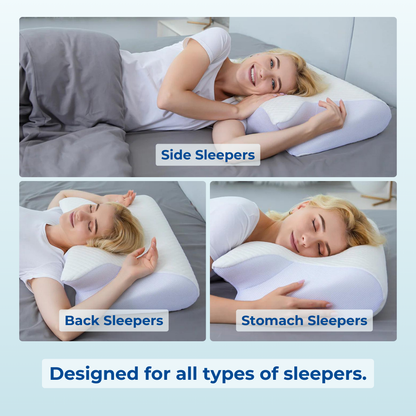 Collage showing a pillow designed for different sleep positions: side sleepers, back sleepers, and stomach sleepers. The pillow has a unique contoured shape to support the neck and head.