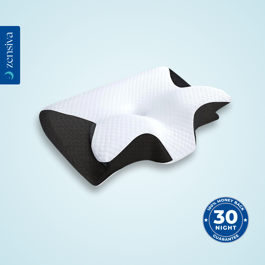 White and black Zensiva™ memory foam pillow with contoured design for neck support.