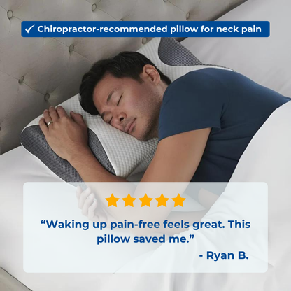 Man sleeping comfortably on a contoured pillow with text overlay showing chiropractor-recommended for neck pain, a 5-star rating, and a customer testimonial.