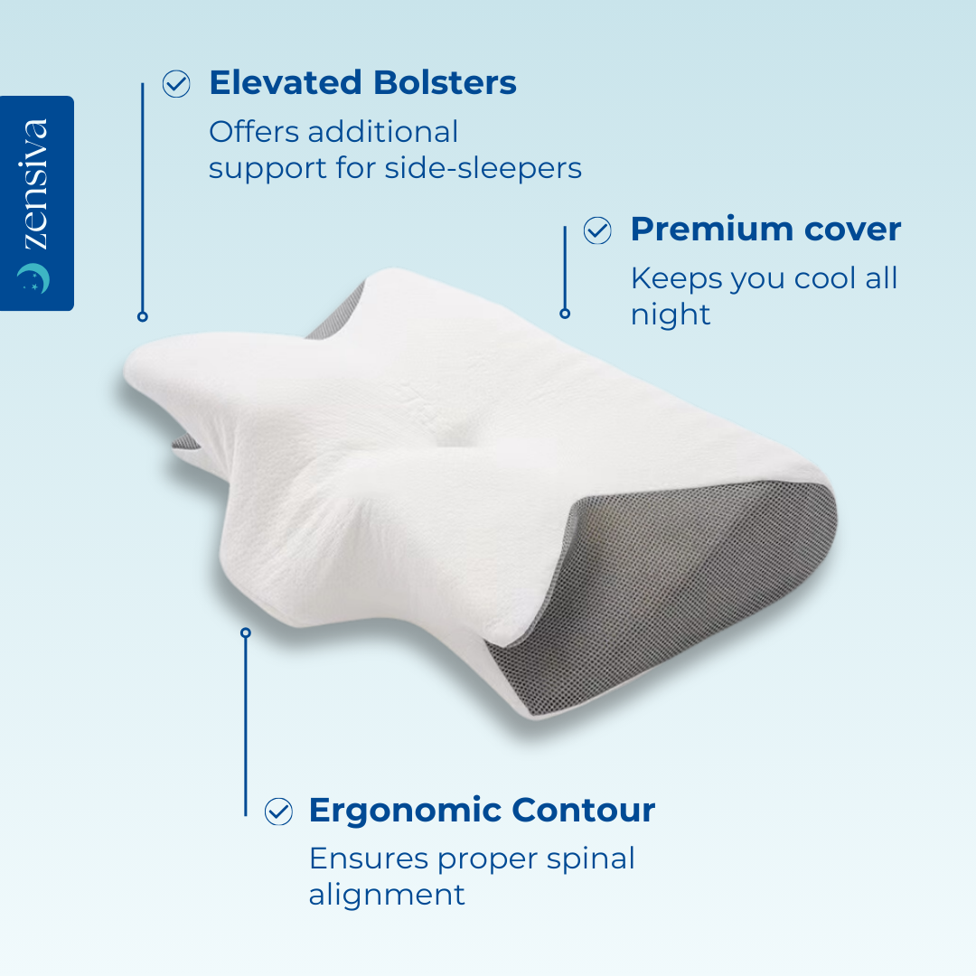 Zensiva™ pillow highlighting elevated bolsters, cooling cover, and ergonomic contour for proper alignment.